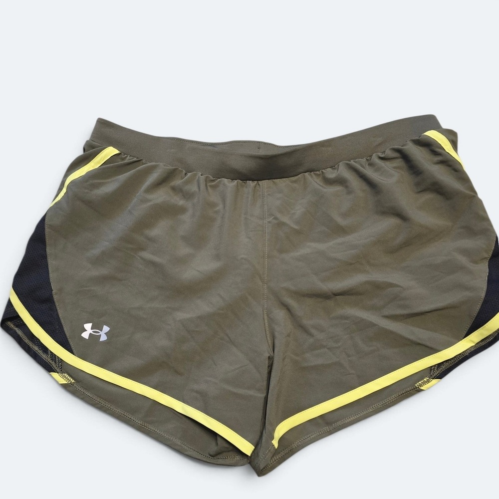Under Armour HeatGear Shorts Womens XL Olive Green Neon Yellow Running Athletic